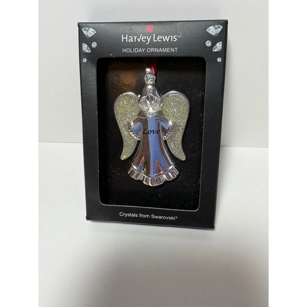Harvey Lewis Angel Holiday Ornament Silver Tone Love Swarovski Crystal Glitter